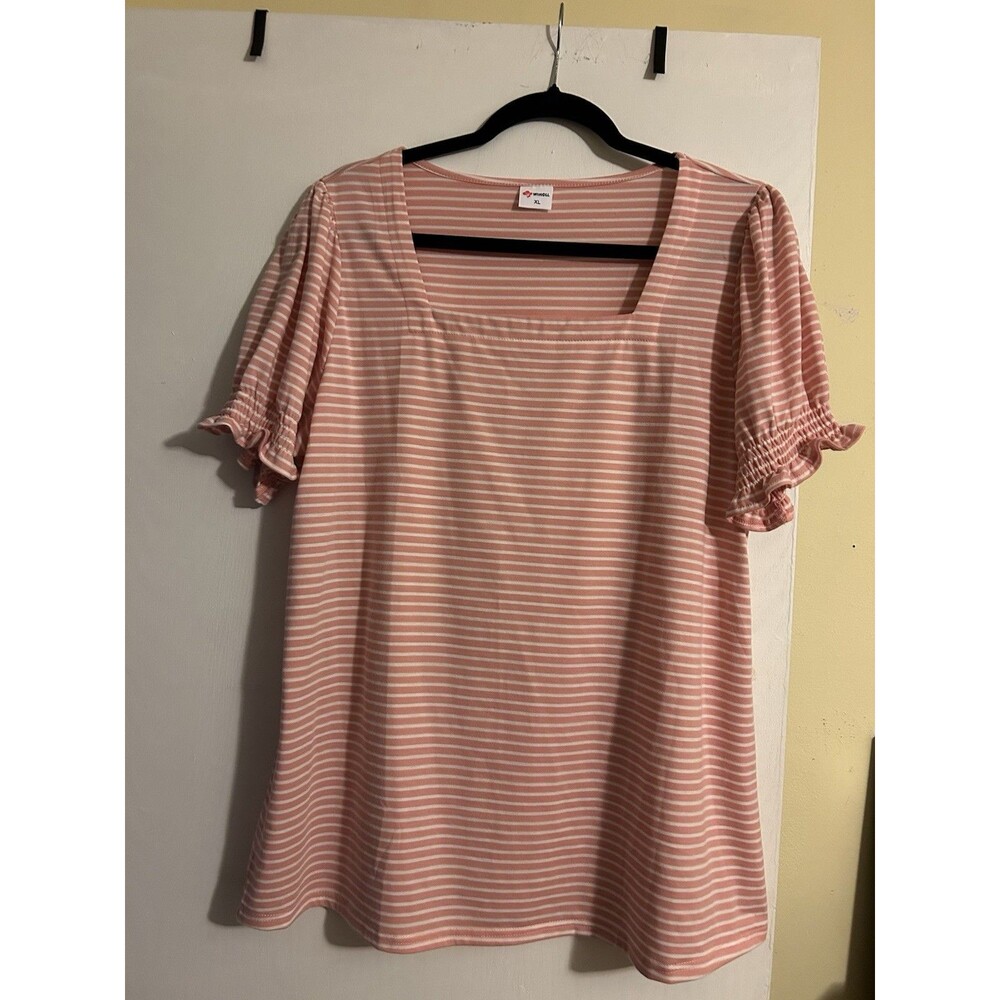 WIHOLL Women's XL Pink White Striped Square Neck Puff Short Sleeve Ruffle Top